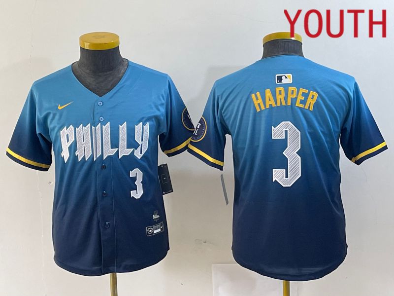 Youth Philadelphia Phillies 3 Bryce Harper Nike Blue 2024 City Connect Limited Player Jersey style 5